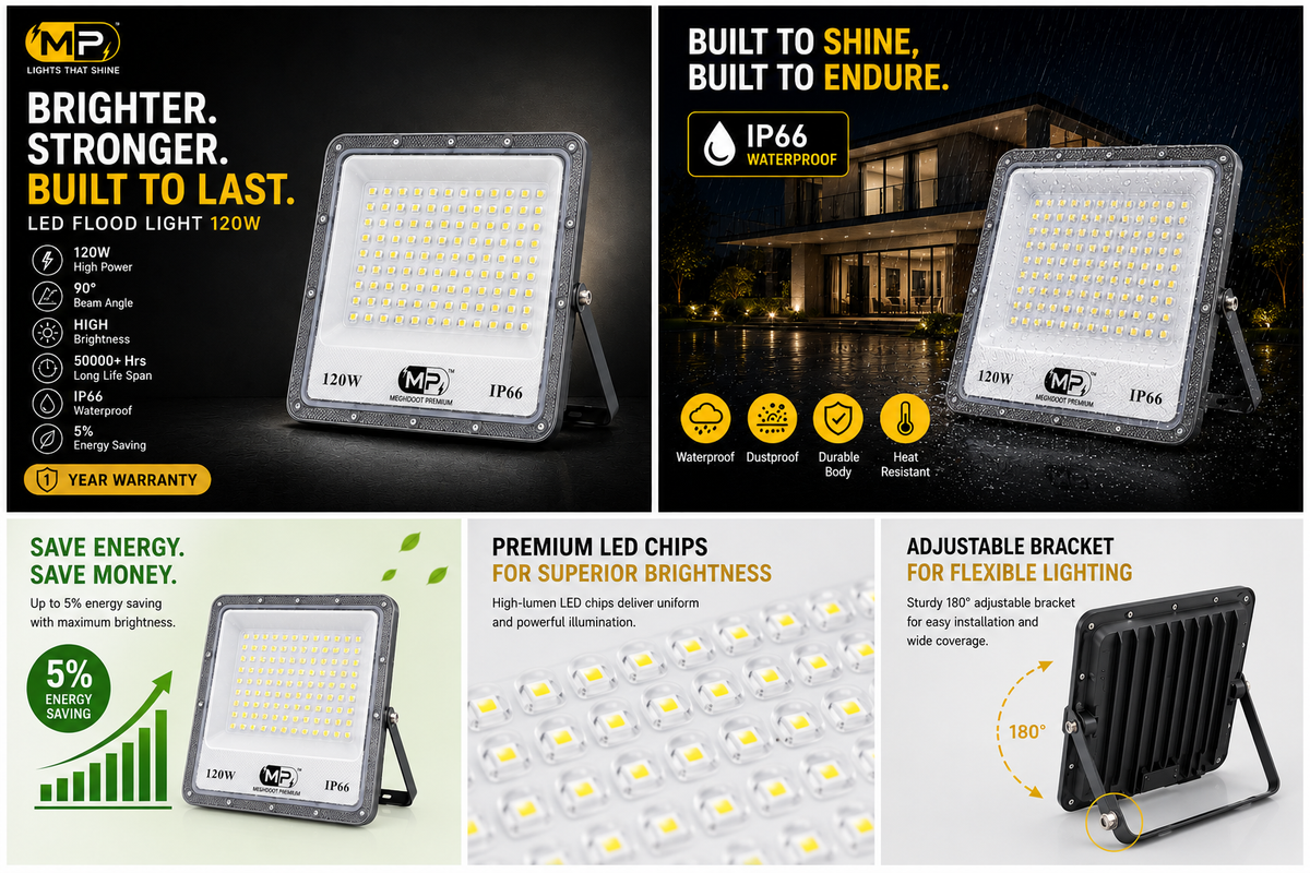 MP LED flood light with features and benefits highlighted on a dark background